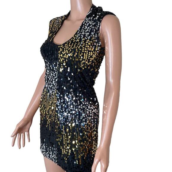 As U Wish women sequin mini dress bodycon black/gold/silver stretch SZ SM Sexy - Picture 2 of 10
